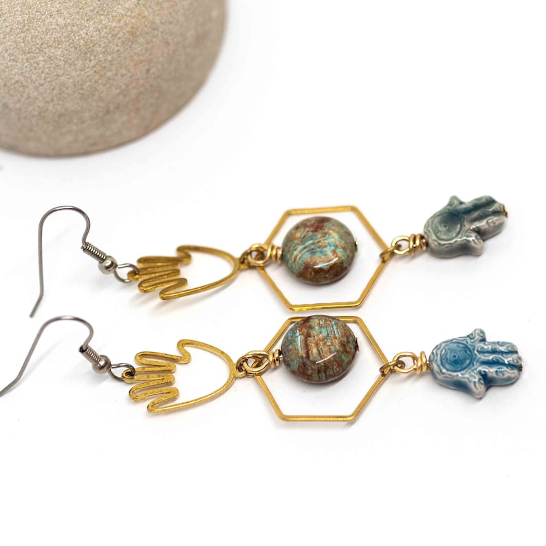 Brass Raku Hand Paisley Jasper Earrings NEW Boho Earrings Bohemian Earrings