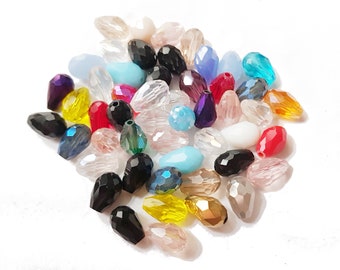 50 glass beads teardrop faceted 12 x 8 mm partly AB or metallic coated color mix