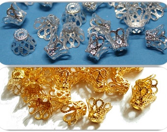 20 filigrane Perlenkappen, Krönchen, silberfarben oder goldfarben