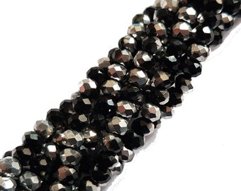 Glass cut roundel approx. 4 x 3 mm faceted black silver vaporized strand