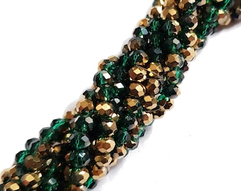 Glass cut roundel approx. 4 x 3 mm faceted green gold vaporized strand