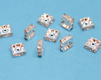 10 Strass Quadrate Spacer silber-kristall 6 oder 8 mm