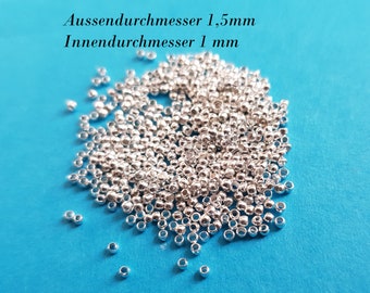 500 crimps, crimp beads, approx. 1.5mm outside, approx. 1mm inside, silver-coloured