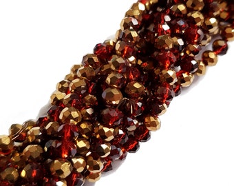 Glass cut roundel approx. 4 x 3 mm faceted red gold vaporized strand