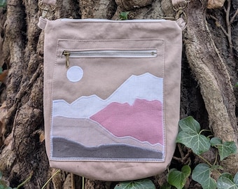 Handmade Canvas Crossbody Bag with Mountain Applique - Zipper Pocket Shoulder Bag