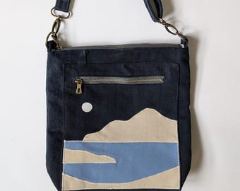Upcycled Denim Umhängetasche, Landschaftsdesign Sling, Reisetasche