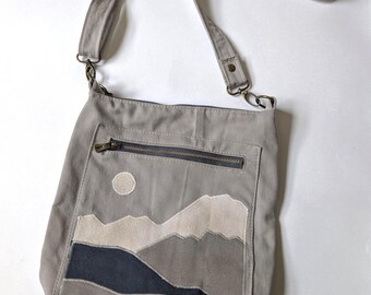 Upcycled Denim Crossbody Bag, Stitched Landscape Sling