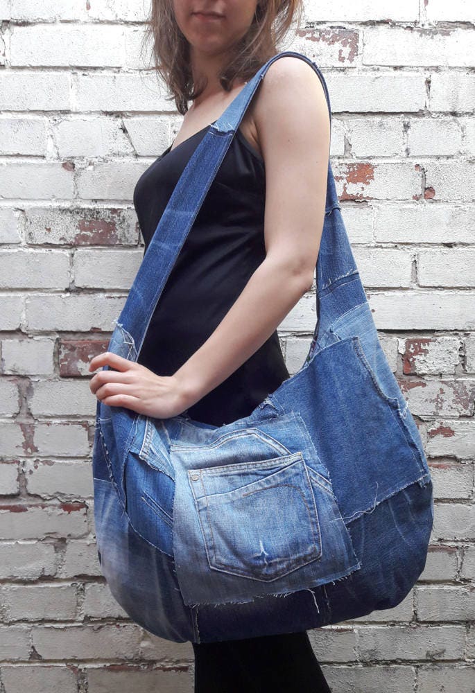 Big blue jeans shoulder bag pants recycling upcycling | Etsy