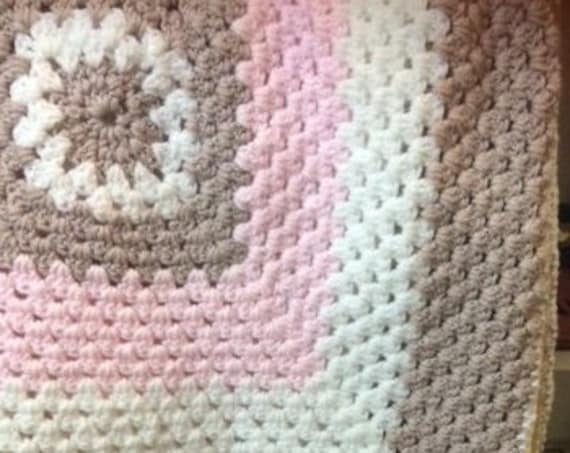 Baby Crochet Blanket Pink Beige White, Cot/Pram Size