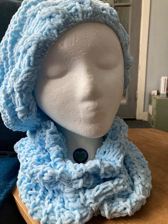 Hat Beret and Neck warmer, spring style, soft pale blue, Hand Crochet in Ireland one size fits all Gift for Mum or treat yourself