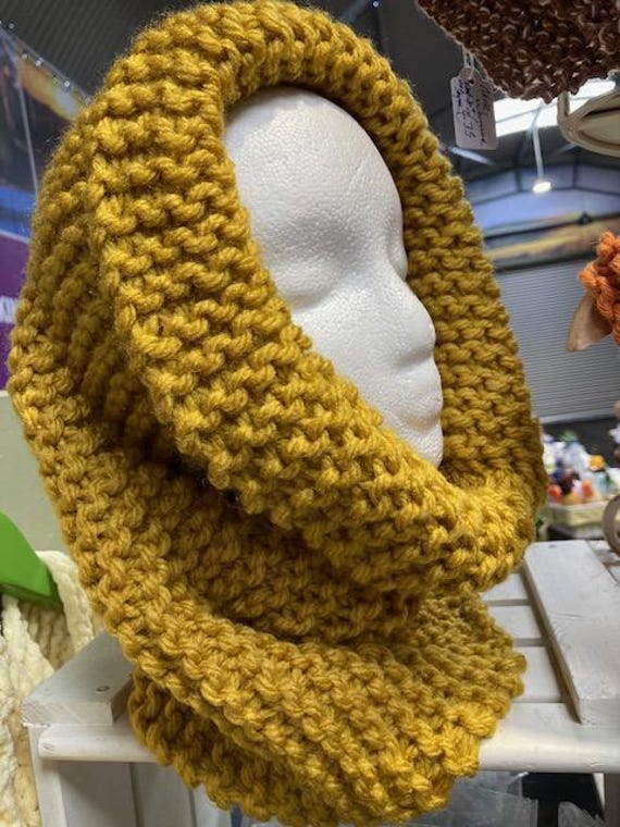 Snood Chunky HandKnit, Luxury Cowl, Mustard wear 2 ways, EtsyIreland, don't loose your hat