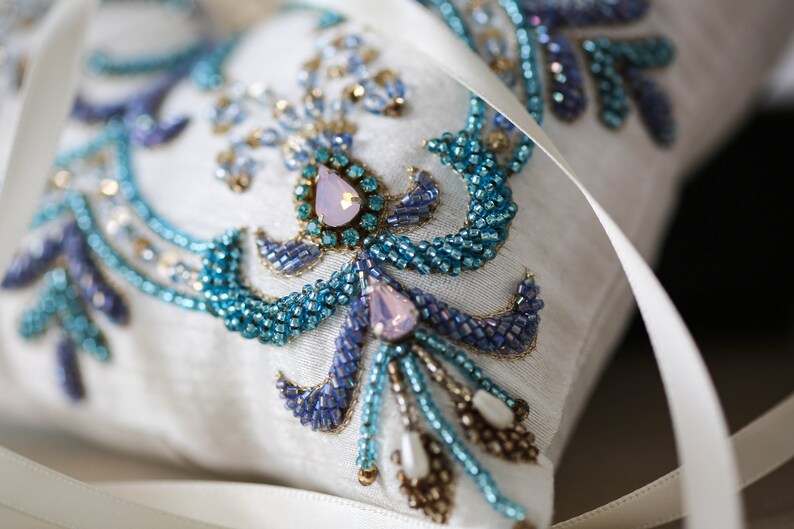 Ring Pillow Blue and Purple Custom Ring Bearer Pillow for Beach Wedding Beaded Ring Pillow