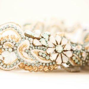 Opal Blue and Gold Wedding Garter Set, Bridal Garter Set , Unique Designer Garter Sets, Wedding Garter Bling, Style R107