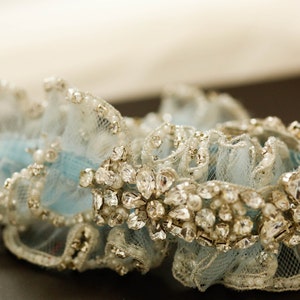 Blue Wedding Garter Set for bride, Bridal Garter Set on Blue Tulle with crystals and pearls, Something Blue Wedding Garter, Style - Melina