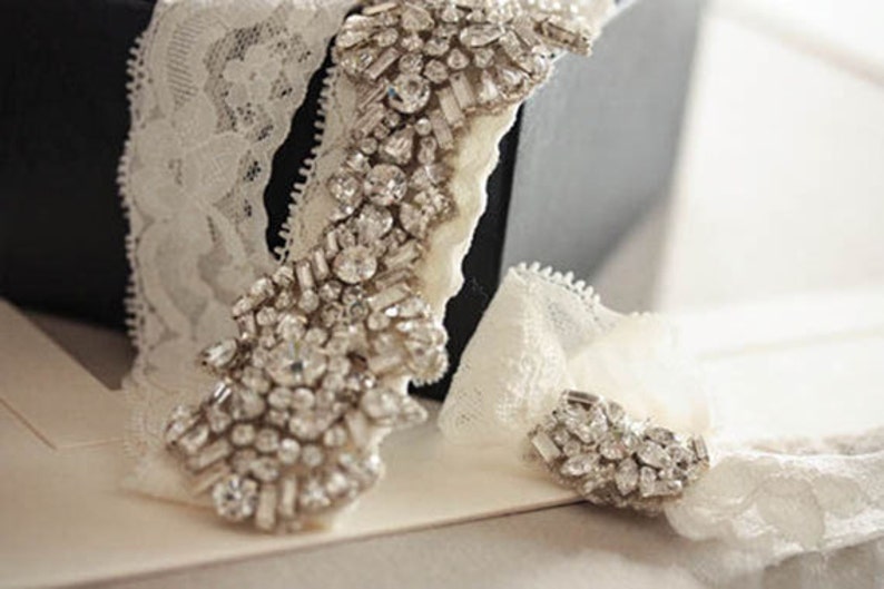 Embellished lace garter set Made to Order Krystal
