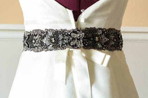 Wedding Dress Rhinestone Ribbon Belt Black