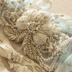 Something blue bridal garter, Wedding Garter Set in Blue, Embroidered Wedding Garter Set, Custom bridal garter, Style  - Paris Romance Blue