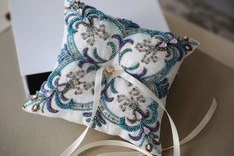 Ring Pillow Blue and Purple Custom Ring Bearer Pillow for Beach Wedding Beaded Ring Pillow