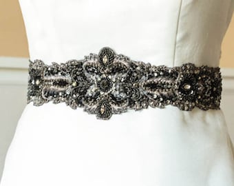 Black Bridal Sash, Wedding dress belt in black color, Beaded bridal belt black and silver, Style - 29 Bahia