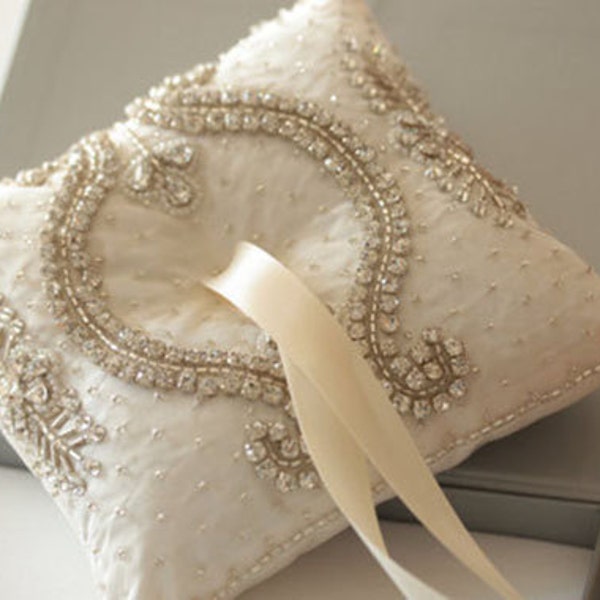 Beaded Bridal Ring Bearer Pillow, Wedding Ring Pillow, Designer Wedding Ring Bearer Pillow in ivory, Style - Neivo Ivory