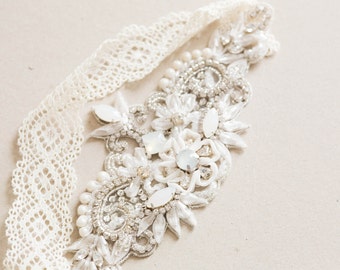 Bridal garter set for the bride with opal and clear swarovski crystals, crystal bridal garter on lace, Style R27