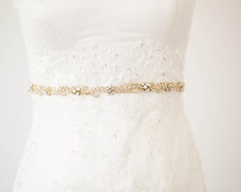 Narrow bridal belt in gold color, Thin Gold Bridal dress belt, bridal sashes, wedding belts, gold sash, Crystal bridal belt - Style R81