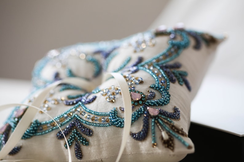 Ring Pillow Blue and Purple Custom Ring Bearer Pillow for Beach Wedding Beaded Ring Pillow