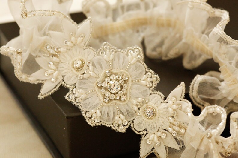 Heirloom Garters Custom bridal Garter Bridal Garter Set Wedding Garter Set Style Sunflower Beaded Bridal garter set Designer Garters