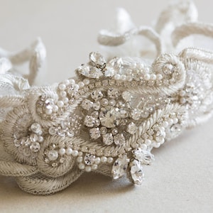 Beaded Wedding Garter Set on ivory tulle fabric with swarovski and rhinestone crystals, Bridal garter Set,Heirloom Garters,  Style R35