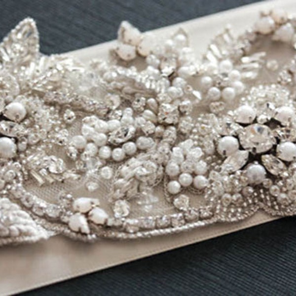 Pearl Bridal Belt, Wedding Belts Pearl, Bridal Dress belt with pearls swarovski and rhinestones, Style  - Flora 27 to 28 Inches