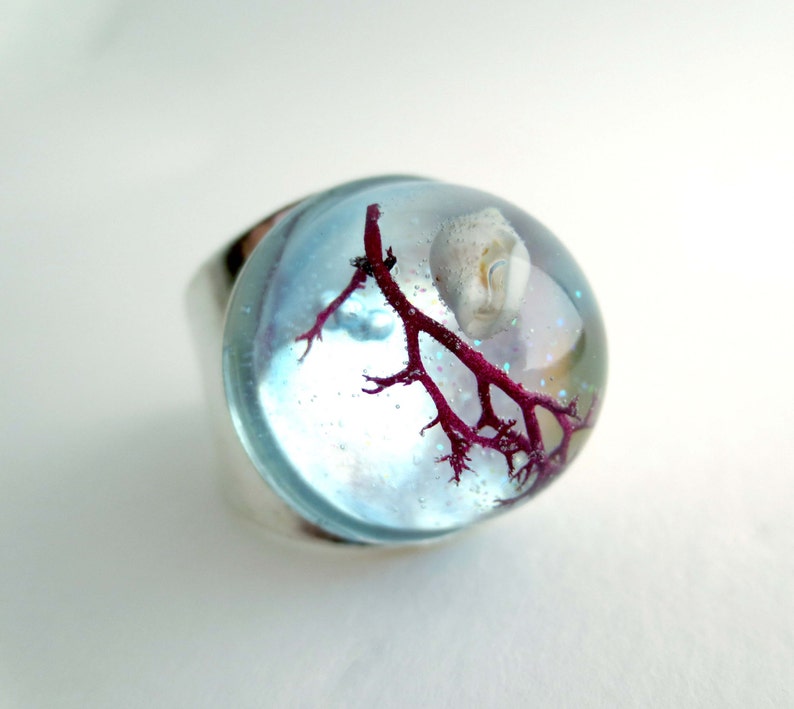 Ocean Ring Seashell Real Seaweed Resin Turquoise Ocean Lover Etsy