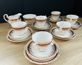 Vintage Bone China Royal Standard Teaset - 6 Cups, Saucers, Teaplates with Matching Sugar Bowl, Milk Jug and Cake Plate.