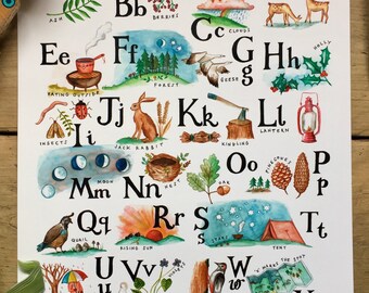 Outdoors Alphabet Fine-Art Giclee Print, by Jesse.Illustration. Available in A4, A3 and A2.