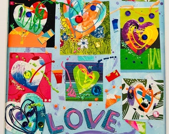 Heart Collage Painting: Rhinestone, Glitter Mixed Media Art