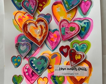LOVE Heart Art, Mixed Media Painting, Rhinestone Glitter, 8x10" with 11x14" Mat
