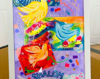 Messianic Dove Art, Shalom Mixed Media Painting, Framed