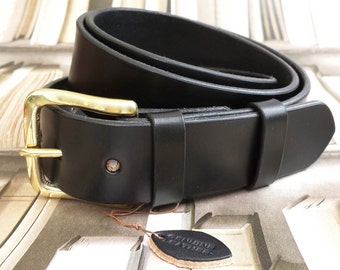 Handmade Heavy Duty Full Grain Leather Trousers Belt Gift 38mm wide Black Colour with a brass buckle made in UK military belt, police belt