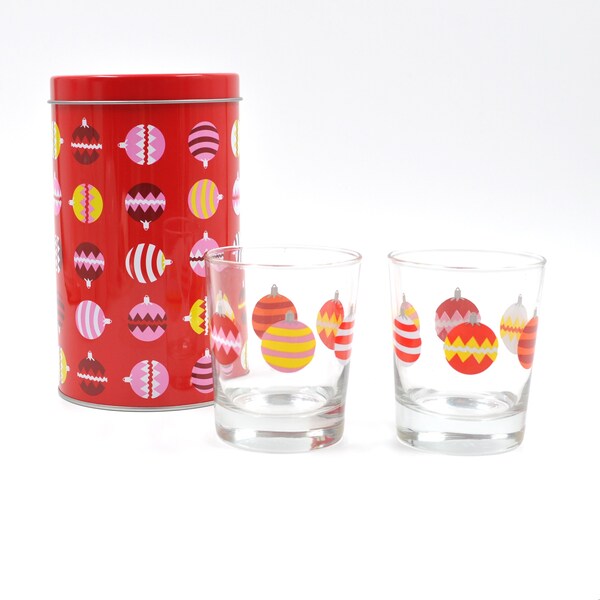 2x Ikea Godis Vinter Drinking Glasses & matching tin - Christmas Ornaments or Baubles - Juice tumbler - 8 oz/250 ml