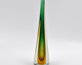 Sommerso vase - Italian Murano vase Mandruzzato style - green and yellow square elongated glass vase - Italy
