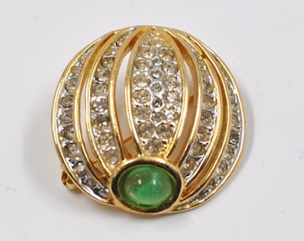 Vintage Pierre Cardin Brooch - Round Gold Tone with Green Cabochon and Sparkling Rhinestones - Strass Stones - mid century pin - Geometric