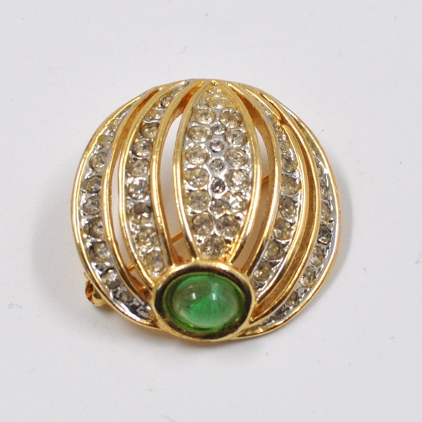 Vintage Pierre Cardin Brooch - Round Gold Tone with Green Cabochon and Sparkling Rhinestones - Strass Stones - mid century pin - Geometric