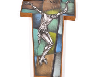 Crucifix en vitrail Opaline vintage par Gebroeders van Paridon - Croix Jésus - Hollande néerlandaise - Brutaliste