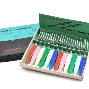 Little forks - Set of twelve vintage cocktail or canape forks in the original box - colourful handles - kitsch - Excellent