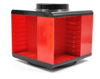 Cassette Carousel - Red/orange and black plastic audio tape holder - music storage