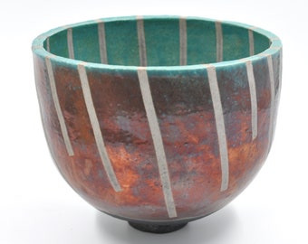 Superbe bol en raku - turquoise avec glaçure bronze irisée - rayures - atelier de poterie - art
