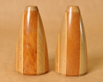 Mid Century wooden Salt & Pepper shakers - mixed wood - parquetry - cone shaped pot - Kitchenalia