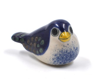 Small Mexican Ceramic bird - Blue & White - Hand-Painted Pottery Bird Figurine - Mexico - Folk Art