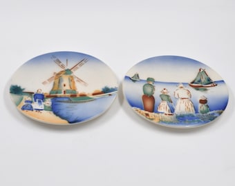 Two Antique Dutch Wall Plates - Mill & Ship - Costume - Art Deco - Spritzdekor - Landscape - Airbrushed