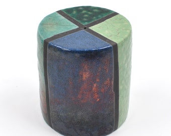Piédestal en raku - turquoise, vert, bleu avec glaçure bronze irisée - rayures résistantes à la cire - atelier de poterie - oeuvre d'art - support pour plante - socle