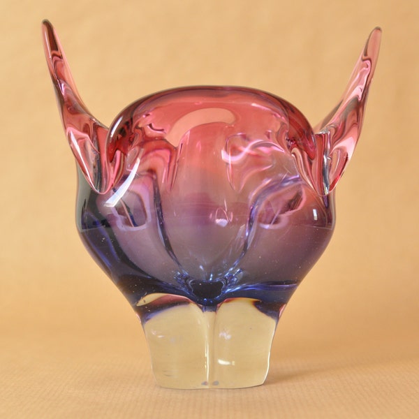 Josef Hospodka - Verrerie Chribska - Verre d’art boho tchèque - Bol rose et bleu - Tête de chat - Sklo